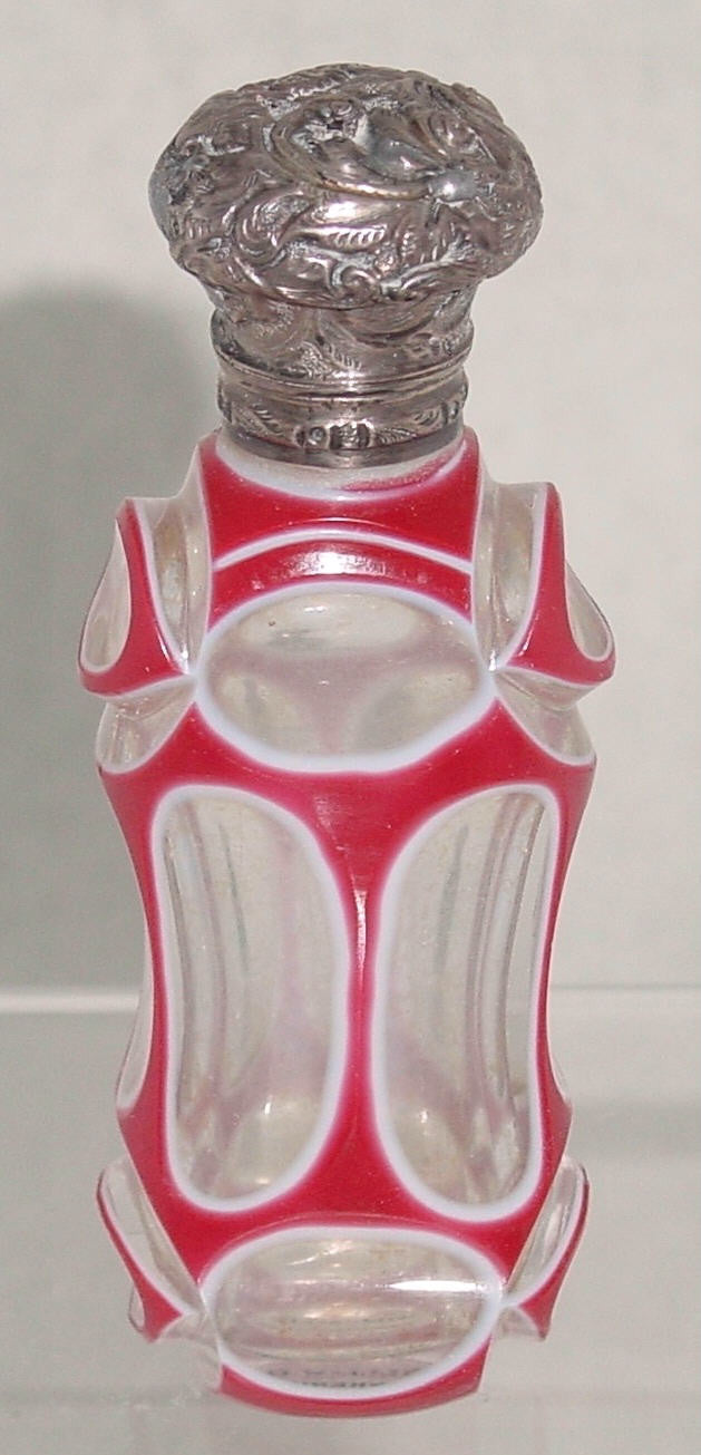 910172 Cranberry Over White Over Crystal Glass Small Perfume Bottle W/Metal Lid