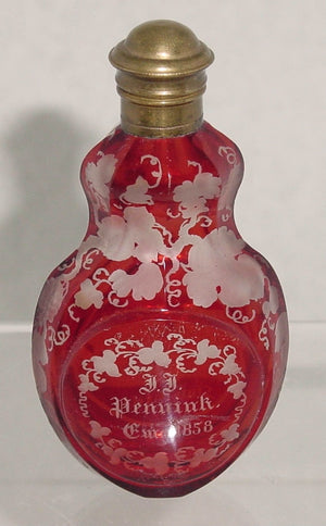910173 Ruby Flashed Small Perfume Bottle With Metal Top, 2 Circles 1 Engraved Building, Bohemian Glassware, Antique, - ReeceFurniture.com - Free Local Pick Ups: Frankenmuth, MI, Indianapolis, IN, Chicago Ridge, IL, and Detroit, MI