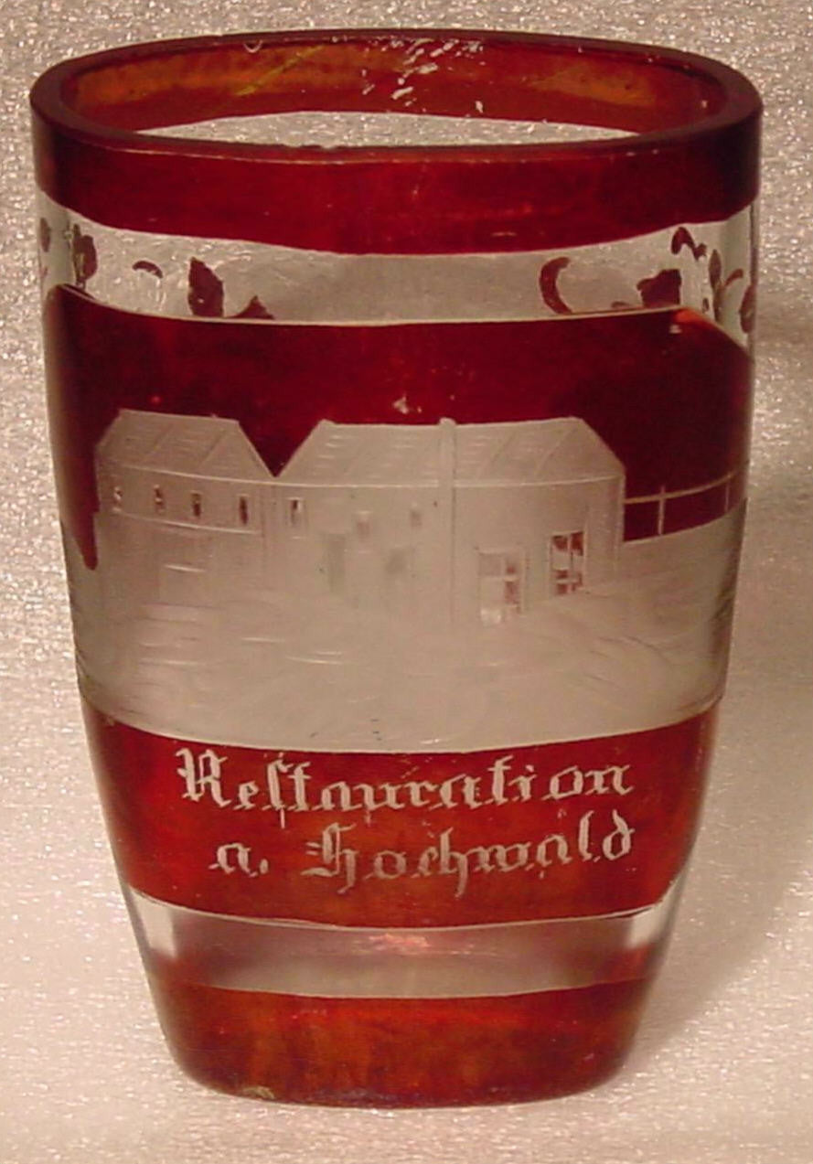 910217 Ruby Glass Flashed Oval With Engraved Building On Front, Ruby Flashed Band On Top & Base, Leaves On Back, Bohemian Glassware, Antique, - ReeceFurniture.com - Free Local Pick Ups: Frankenmuth, MI, Indianapolis, IN, Chicago Ridge, IL, and Detroit, MI