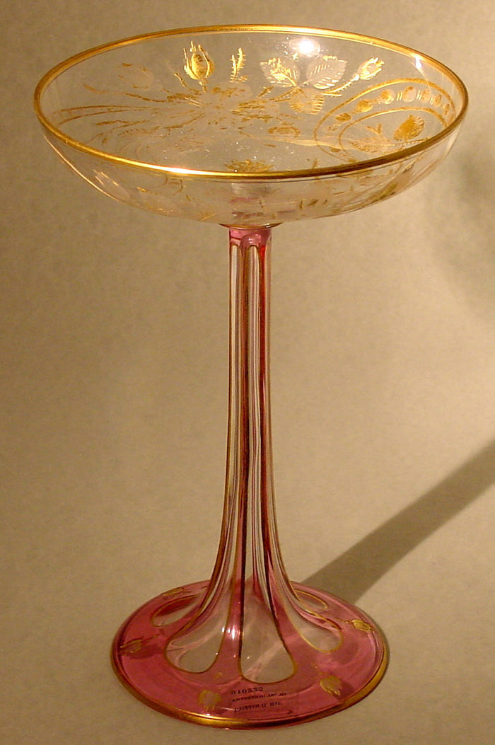 910225 Lobmeyr Cranberry Cased Crystal Stem Tazza With Crystal Bowl Engraved Leaves & Design Painted Gold