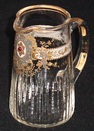 910247 Mini Crystal Pitcher With Long Thin Cuts On Lower Part, Fancy Gold Around & Pattern In Front, Gold Rim, Bohemian Glassware, Antique, - ReeceFurniture.com - Free Local Pick Ups: Frankenmuth, MI, Indianapolis, IN, Chicago Ridge, IL, and Detroit, MI