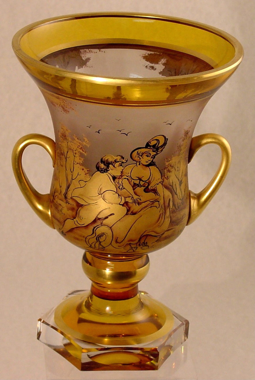 910249 Handled Urn W/Gold Pnt Lady & Man, Trees, Amber & Crystal,, Bohemian Glassware, Antique, - ReeceFurniture.com - Free Local Pick Ups: Frankenmuth, MI, Indianapolis, IN, Chicago Ridge, IL, and Detroit, MI