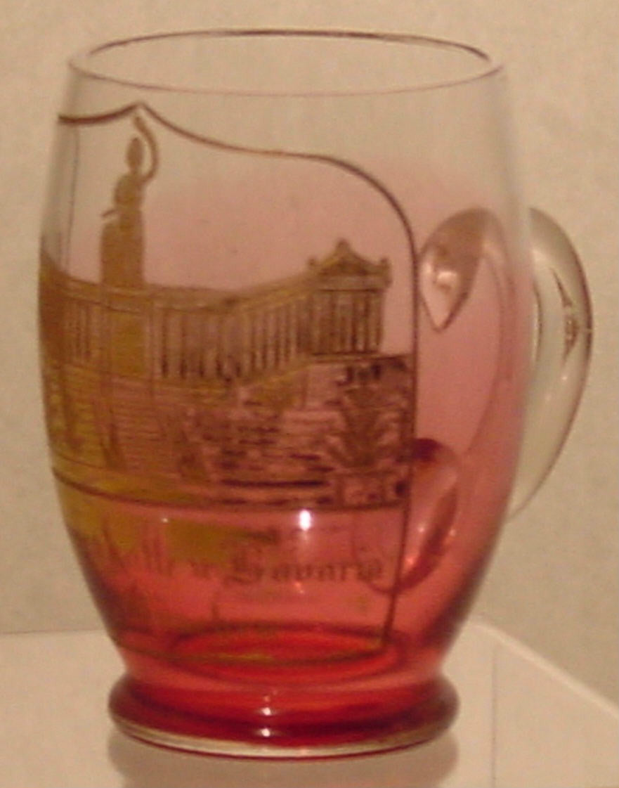 910328 Cranberry To Crystal Glass With Handle, Panel Of Engraved Building Painted Gold & Gold Rim, Bohemian Glassware, Antique, - ReeceFurniture.com - Free Local Pick Ups: Frankenmuth, MI, Indianapolis, IN, Chicago Ridge, IL, and Detroit, MI