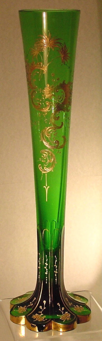 910373 Tall Green Vase W/8 Cut Feet & Long Cuts To Lower Part, Fanc, Bohemian Glassware, Antique, - ReeceFurniture.com - Free Local Pick Ups: Frankenmuth, MI, Indianapolis, IN, Chicago Ridge, IL, and Detroit, MI