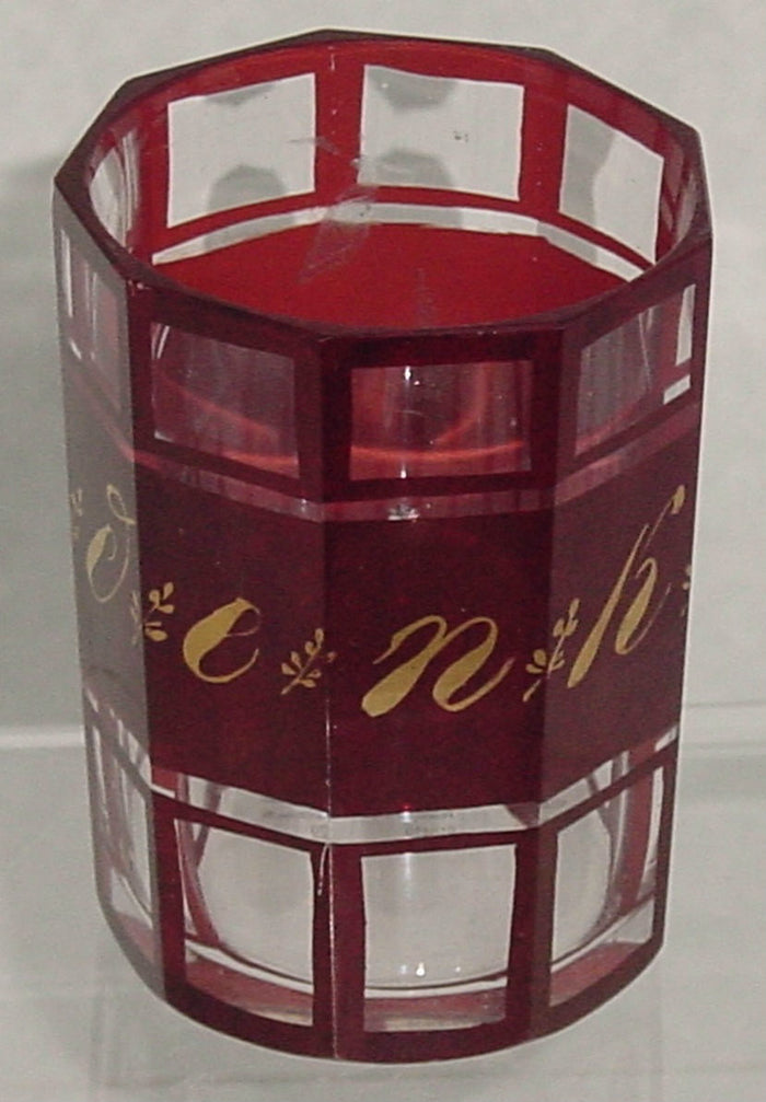 910429 Ruby Glass Flashed With Cut 9 Flat Sides “Andenken" In Gold