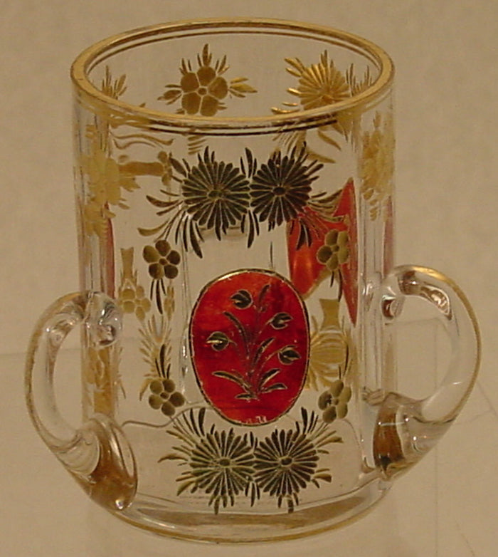 910462 Crystal With 3 Handles & Oval Ruby Flashed Panels Of Engraved Flowers