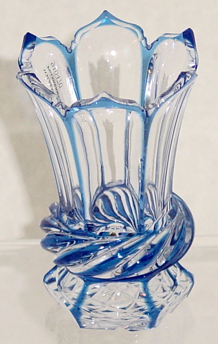 910470 Blue Over Crystal Glass With Petal Cuts, Fancy Tip On Top, Swirl On Base