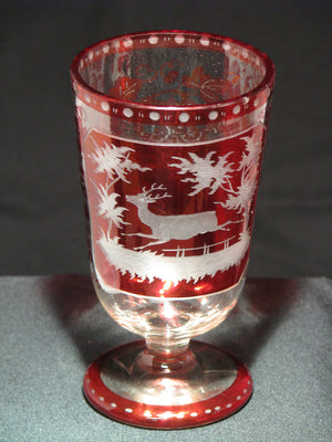 910501 Ruby Flashed W/Rect Panels Of Engraved Deer & Trees, Ruby, Bohemian Glassware, Antique, - ReeceFurniture.com - Free Local Pick Ups: Frankenmuth, MI, Indianapolis, IN, Chicago Ridge, IL, and Detroit, MI