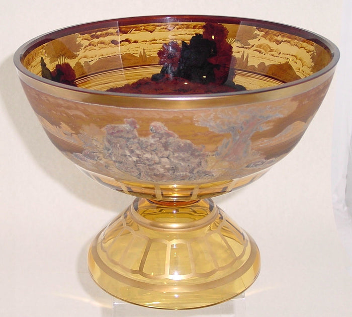 910592 Amber Crystal Bowl Pen Sketch Scenes Around with Painted Gold Lines