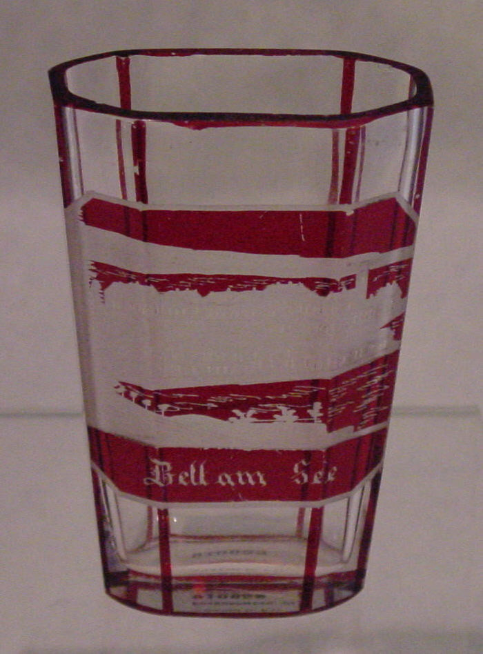 910658 Ruby Flashed Over Crystal Glass With 8 Long Flat Cut Sides On Oval Beaker, Rectangle Panel Of Engraved Building, Ruby Flashed Lines Between Sides