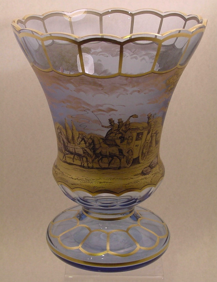 910711 Blue Vase With Gold Pen Sketch Scene Of Stagecoach With Horses & Trees