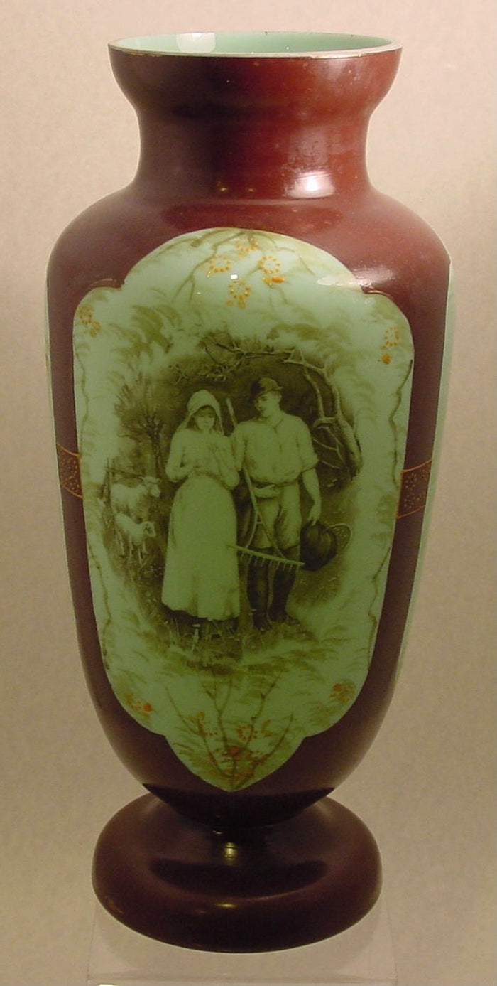910729 Bohemian Jadeite Glass Vase With Hand Painted Couple & Trees Brown Overlay