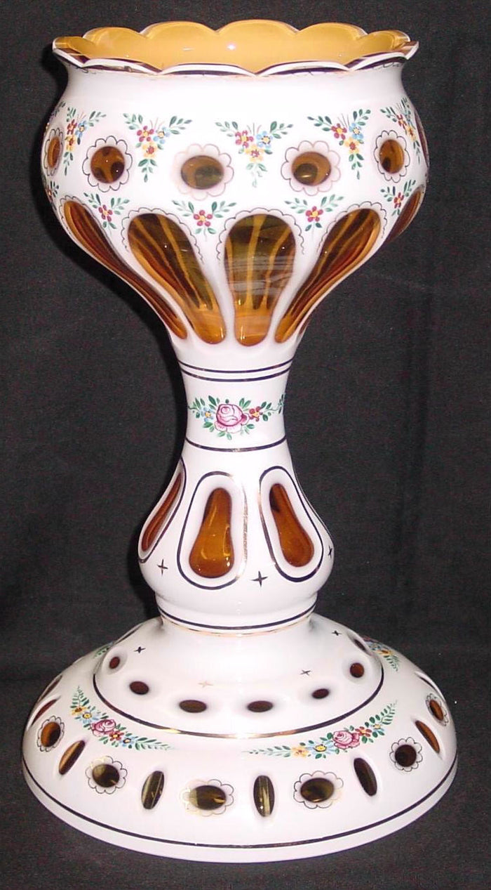 999034 Cased Glass White Over Amber Lustre Vase With Oval Cuts & Painted Flowers #1