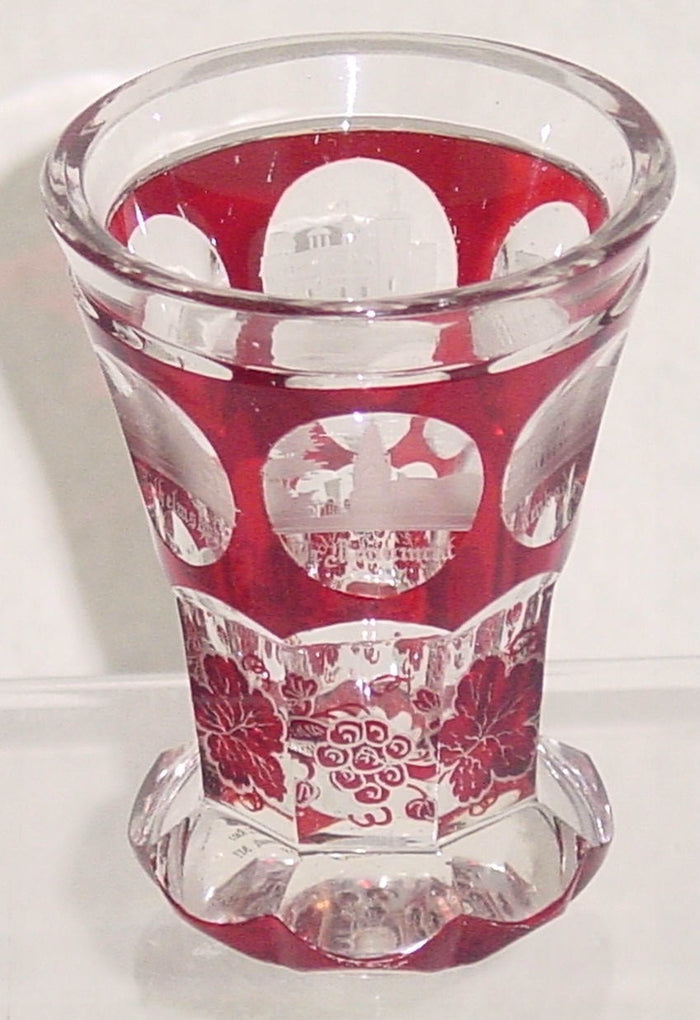 999053 Ruby Flashed Crystal Glass W/Engraved Neubad, Stadtbad, Schlackenburg