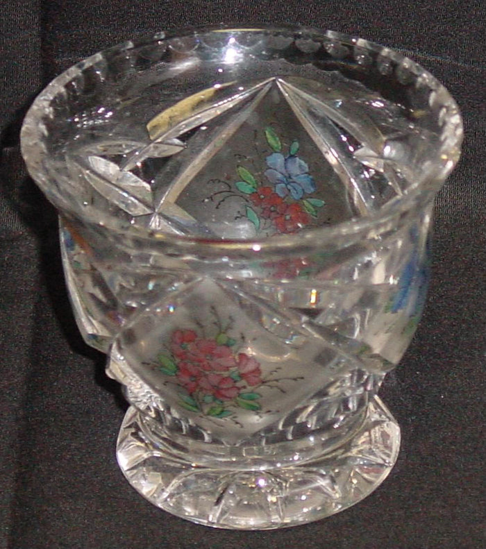 999196 Small Glass Vase With 4 Diamond Cut Satined Panels Of Painted Flowers