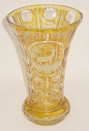 999215 Amber Flashed Vase W/Fancy Engraving & Deer In Cut Circle, 8, Bohemian Glassware, Antique, - ReeceFurniture.com - Free Local Pick Ups: Frankenmuth, MI, Indianapolis, IN, Chicago Ridge, IL, and Detroit, MI
