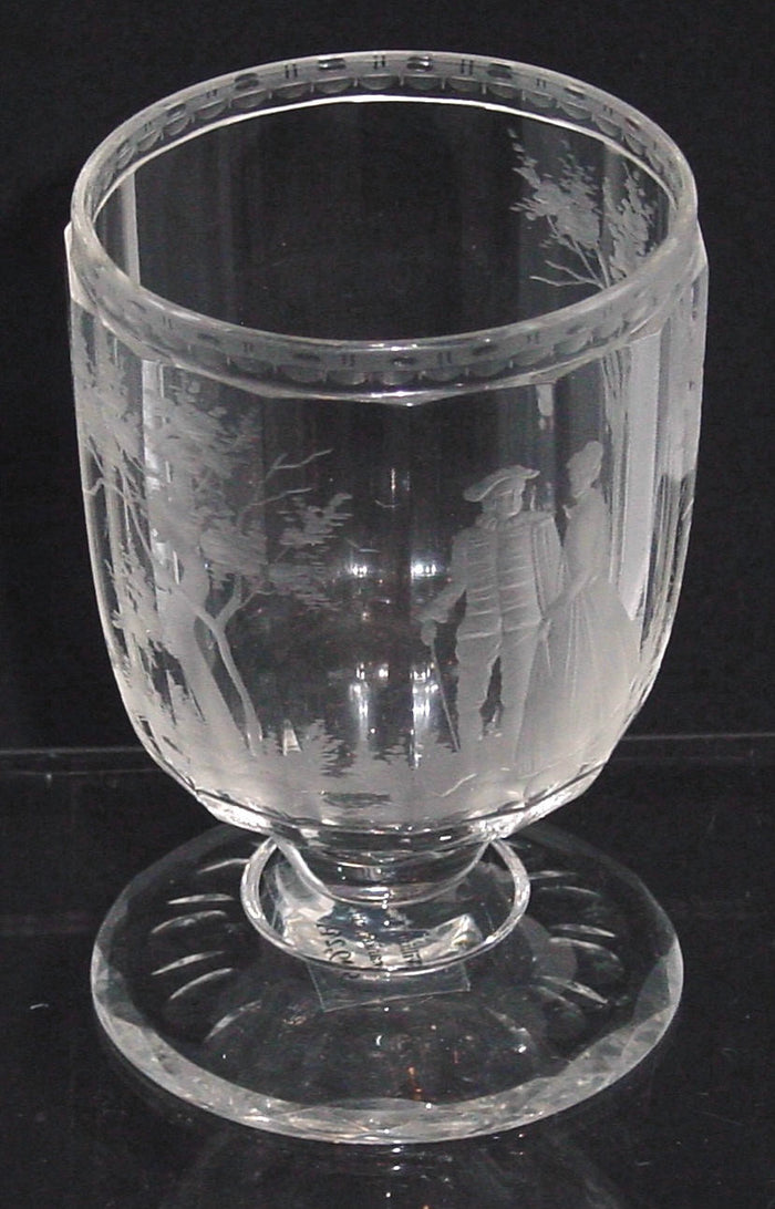 999244 Crystal Goblet Glass W/ Engraved Man & Woman & Trees, Cut Sides