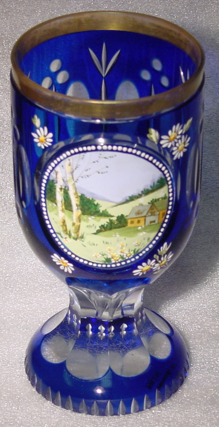 999276 Blue Cased Glass W/Cuts Around & Painted Farmhouse With Hills And Flowers