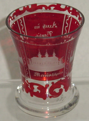 999291 Ruby Flashed Bohemian Glass Friendship Cup with 3 Engraved buildings, Bohemian Glassware, Antique, - ReeceFurniture.com - Free Local Pick Ups: Frankenmuth, MI, Indianapolis, IN, Chicago Ridge, IL, and Detroit, MI