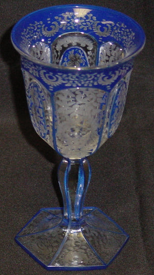 999329 Blue Cased Goblet W/6 Cut Flat Sides 3 W/Oval Panels & Heavy, Bohemian Glassware, Antique, - ReeceFurniture.com - Free Local Pick Ups: Frankenmuth, MI, Indianapolis, IN, Chicago Ridge, IL, and Detroit, MI