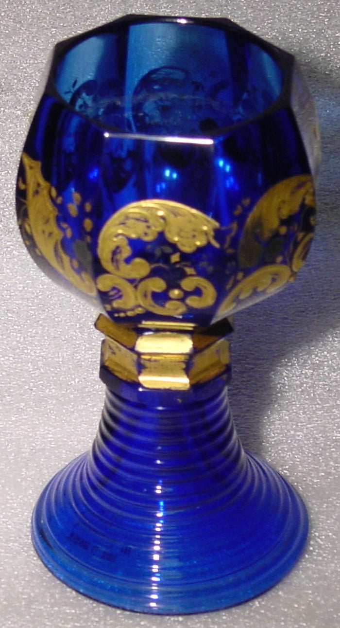 999349 Cobalt Blue Roemer Glass W/8 Cut Sides & Fancy Heavy Gold Painted Decor