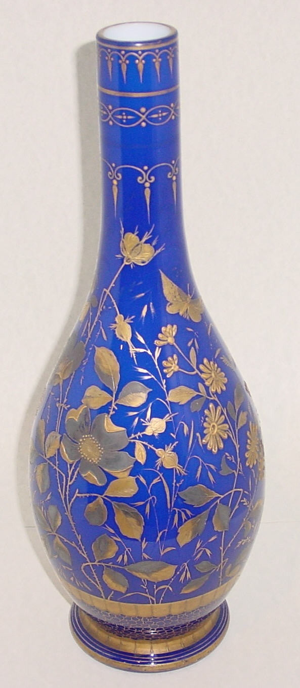 999536 Tall Blue Overlay Opal Vase W\Gold Flowers & Leaves, Fancy, Bohemian Glassware, Antique, - ReeceFurniture.com - Free Local Pick Ups: Frankenmuth, MI, Indianapolis, IN, Chicago Ridge, IL, and Detroit, MI