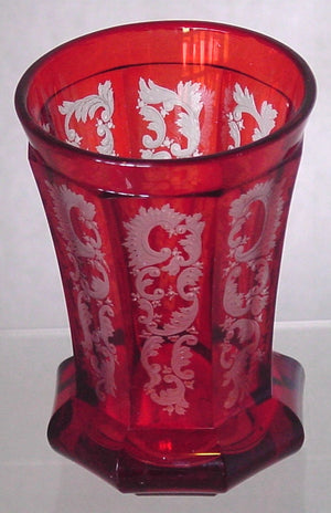 999553 Ruby Flashed W/8 Long Rect Sides Of Engraved Fancy Deisgn,, Bohemian Glassware, Antique, - ReeceFurniture.com - Free Local Pick Ups: Frankenmuth, MI, Indianapolis, IN, Chicago Ridge, IL, and Detroit, MI