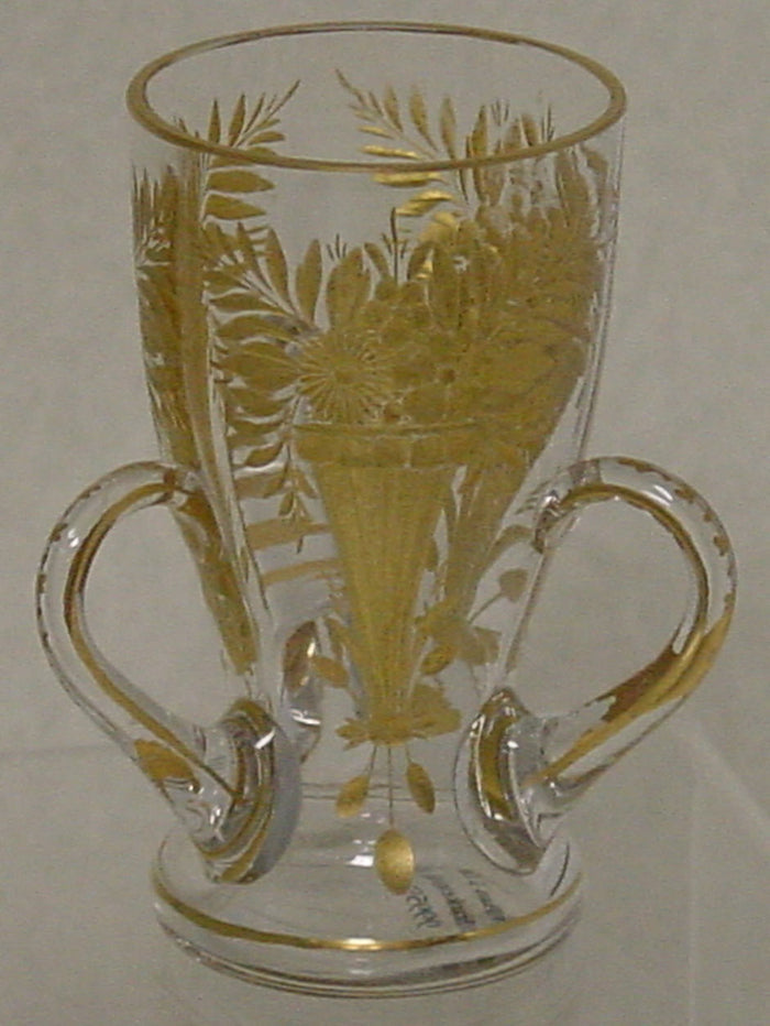 999557 3 Handle Crystal Glass W/ Engraved Flowers In Vases Filled With Gold