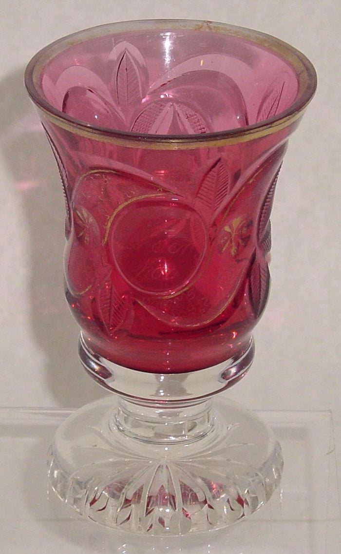 999612 Cranberry Cased On Crystal Stem, Fancy Cuts Around “Zum Andenken"