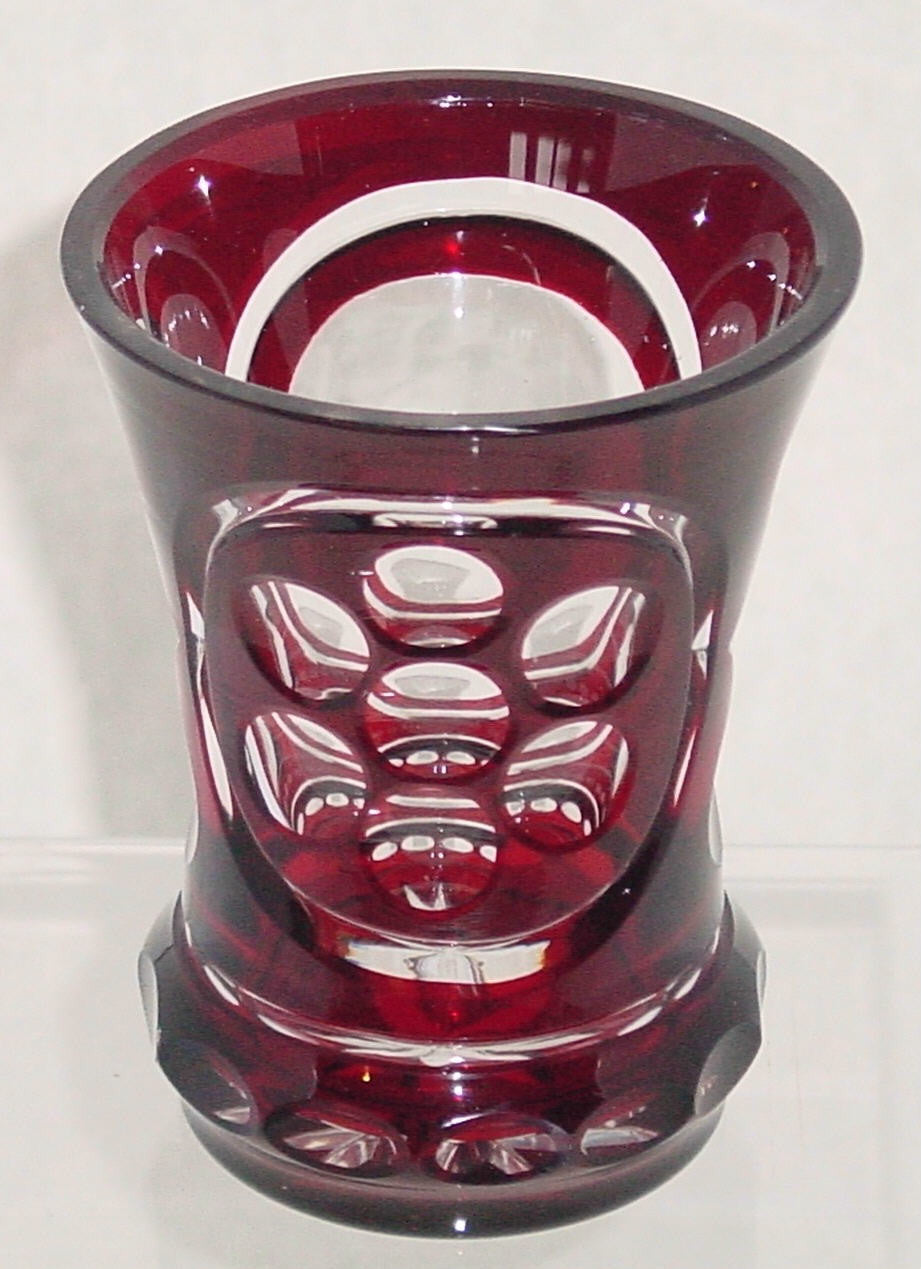 999640 Ruby over Crystal Glass with oval Cut & Round Cuts on the front with a cut circle around them,12 Cuts around the base & Star Cut on the bottom, Bohemian Glassware, Antique, - ReeceFurniture.com - Free Local Pick Ups: Frankenmuth, MI, Indianapolis, IN, Chicago Ridge, IL, and Detroit, MI