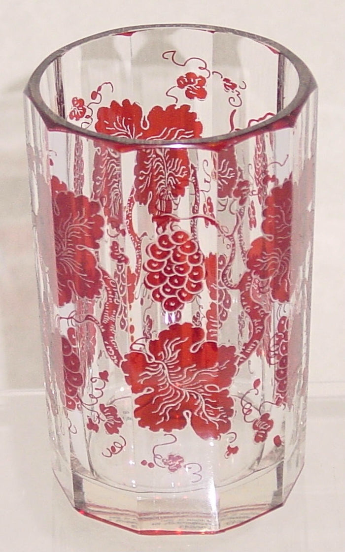 999643 Ruby Flashed Over Crystal Glass With Ruby Colored Grapes & Leaves Around