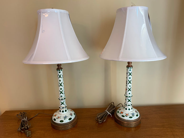 910213/910214 Pair of Green Overlay Tall Thin Lamp With X, Round & Oval Cuts, Painted Flowers