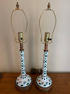 910213/910214 Pair of Green Overlay Tall Thin Lamp With X, Round & Oval Cuts, Painted Flowers - ReeceFurniture.com