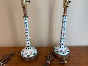 910213/910214 Pair of Green Overlay Tall Thin Lamp With X, Round & Oval Cuts, Painted Flowers - ReeceFurniture.com