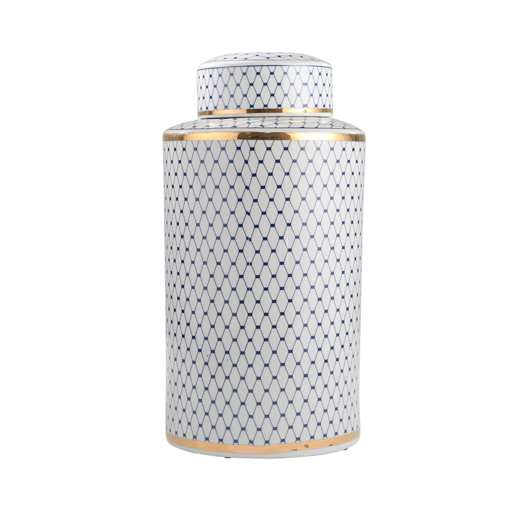 White/Blue Jar W/ Gold Trim 15.5" - ReeceFurniture.com