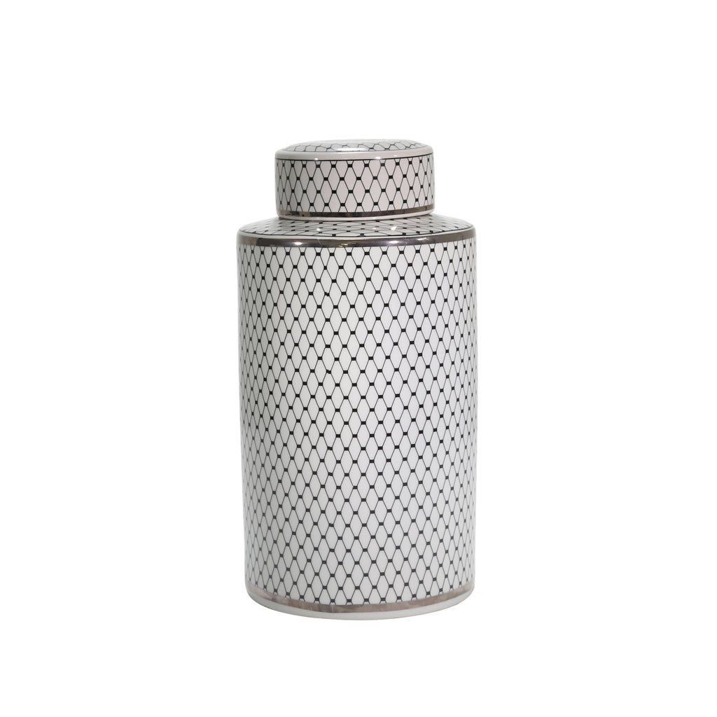 White/Black Jar W/ Silver Trim18" - ReeceFurniture.com