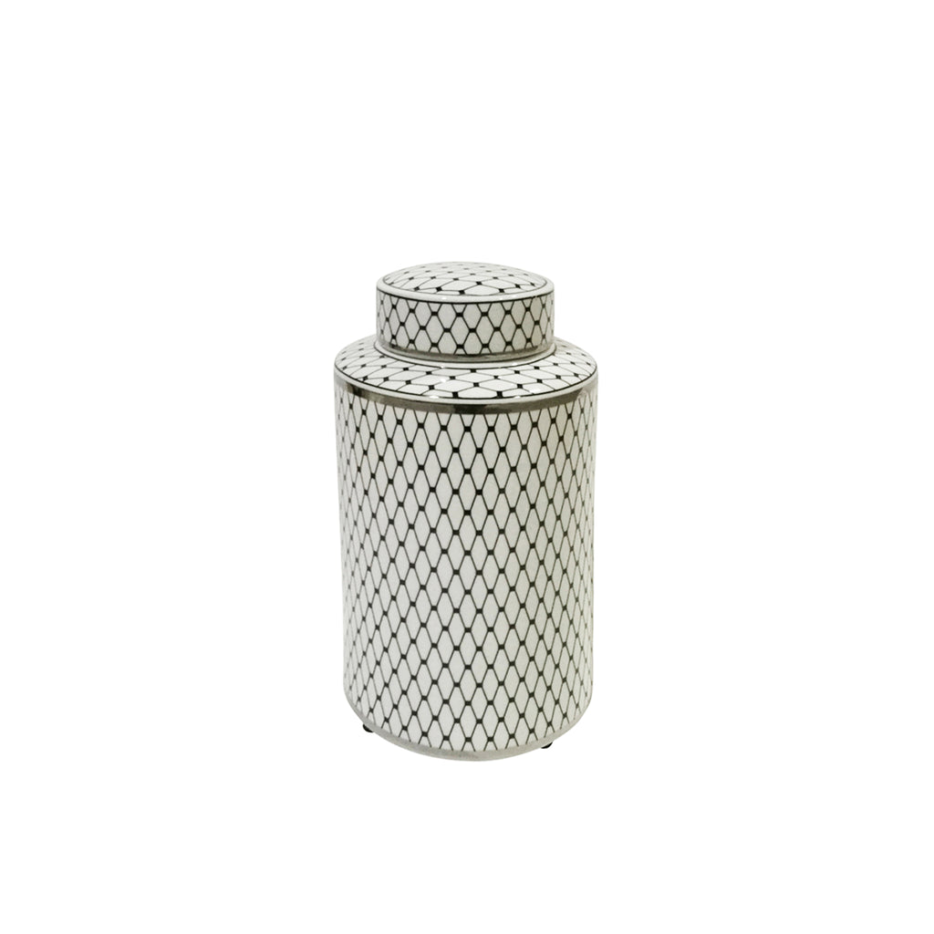 White/Black Jar W/ Silver Trim12" - ReeceFurniture.com