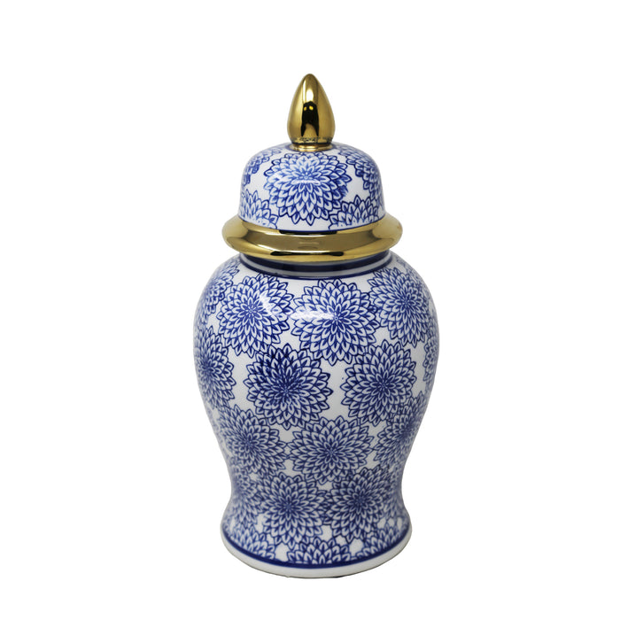 14.5" Temple Jar W/Dalhia Flower,Blue & White