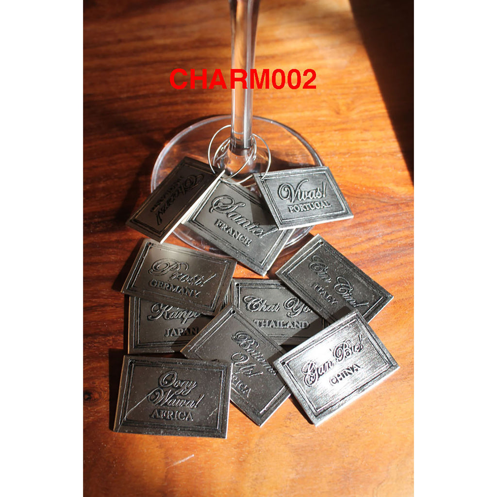 CHARM002 - Rectangle Cheers Wine Charms - ReeceFurniture.com