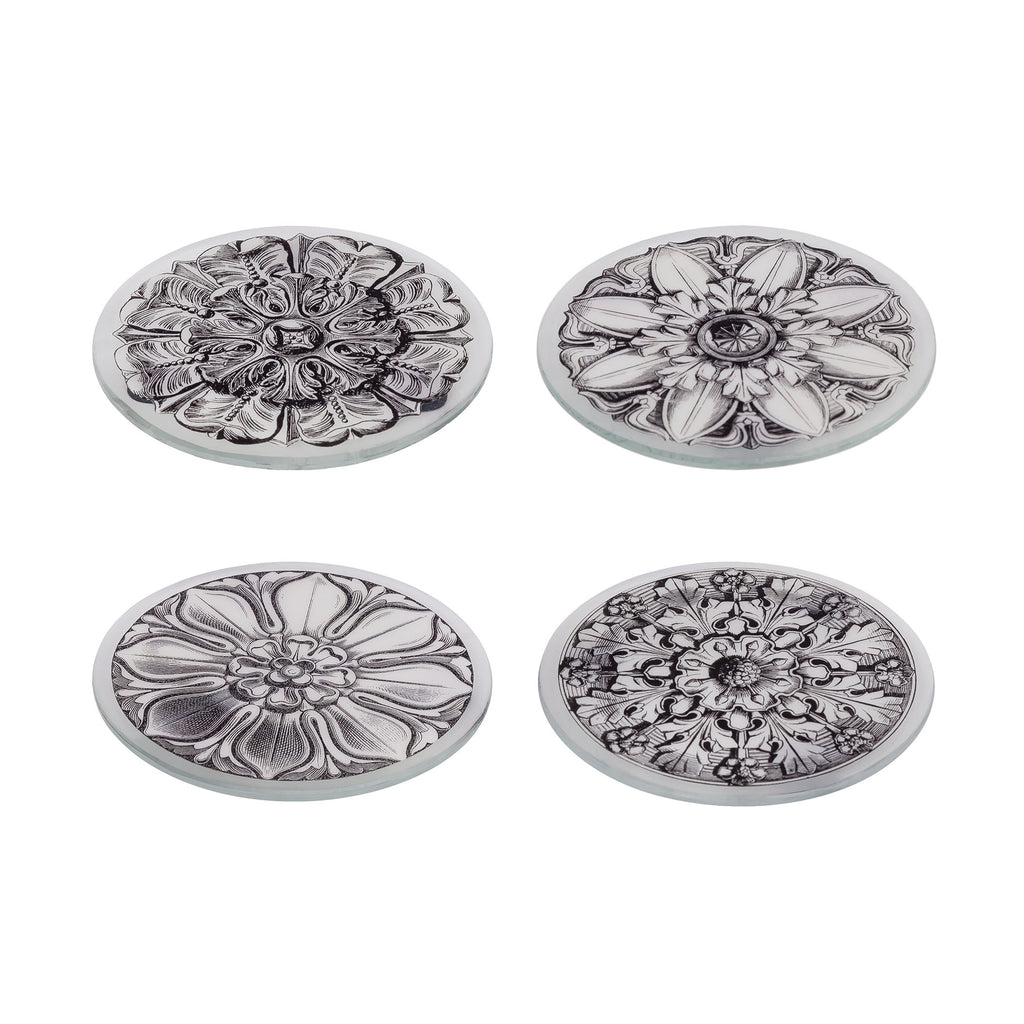 COAST109 - Assorted Floral Black on White (Set of 4) Glass Coasters - ReeceFurniture.com
