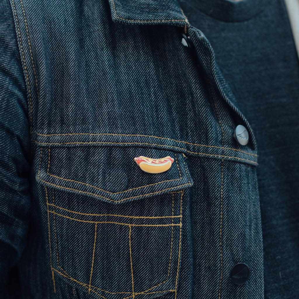 Hotdog Enamel Pin on Denim - ReeceFurniture.com