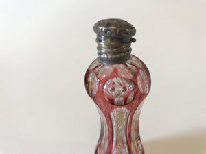 910401 Cranberry Cased Glass Perfume Bottle Figure 8 Shape With 2 Rows Of 6 Each Round Cuts On Top-Long Cuts On Center-Round Cuts On Base, Gold Decoration, Bohemian Glassware, Antique, - ReeceFurniture.com - Free Local Pick Ups: Frankenmuth, MI, Indianapolis, IN, Chicago Ridge, IL, and Detroit, MI