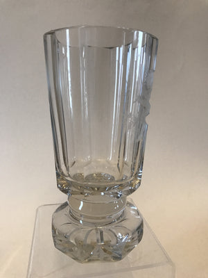 629194 Crystal Glass With 8 Flat Sides & Deep Engraved Boy & Flute On Front, 8 Cut Flat Sides On Base, Star Cut On Bottom, Signed R, Bohemian Glassware, Rimpler, - ReeceFurniture.com - Free Local Pick Ups: Frankenmuth, MI, Indianapolis, IN, Chicago Ridge, IL, and Detroit, MI