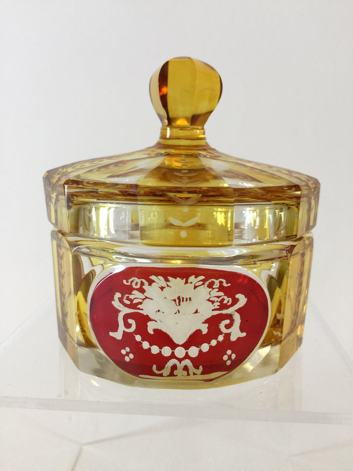 999907 Bohemian Amber over Crystal Glass box with cover & handle with Ruby panel on front