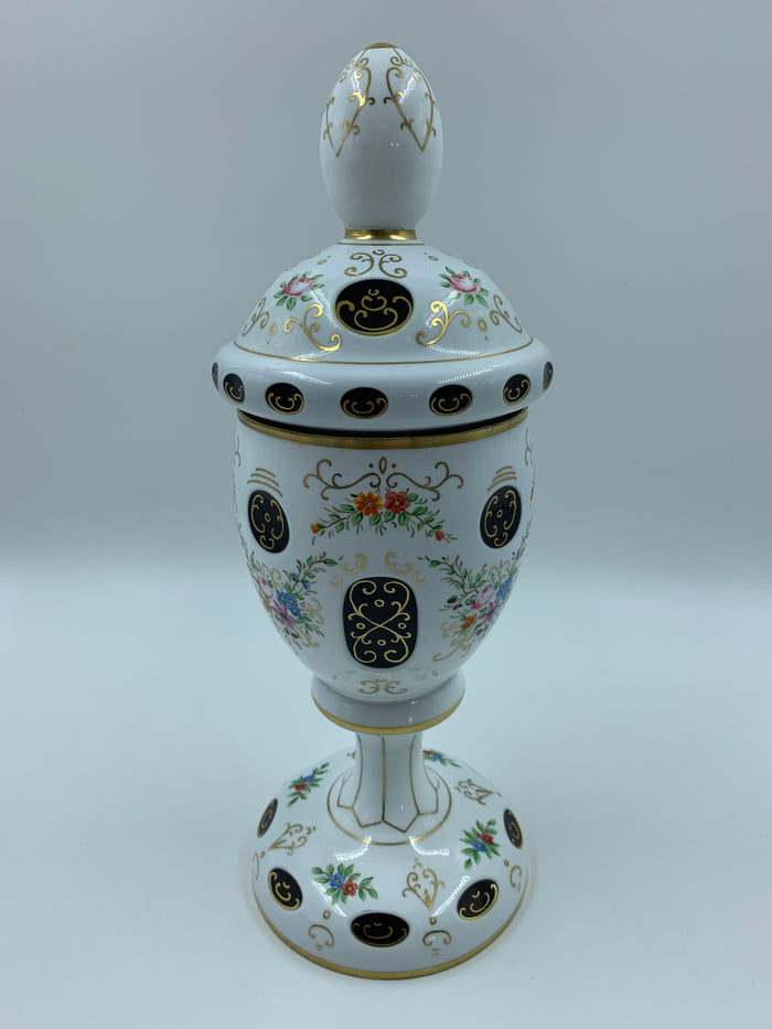 999453 White Overlay Ruby Covered Apothecary Jar With Cuts, Gold Decor & Painted Flowers