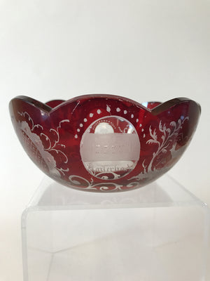 910730 Ruby Flashed Over Crystal Bowl With 8 Cut Scalops On Top, 4 Oval Panels 3 Buildings & Animals, Bohemian Glassware, Antique, - ReeceFurniture.com - Free Local Pick Ups: Frankenmuth, MI, Indianapolis, IN, Chicago Ridge, IL, and Detroit, MI