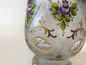629116 Short Crystal Satin Glass With 6 Teardrop Panels Oval Cuts With Gold Decoration and Painted Flowers, Bohemian Glassware, Rimpler, - ReeceFurniture.com - Free Local Pick Ups: Frankenmuth, MI, Indianapolis, IN, Chicago Ridge, IL, and Detroit, MI