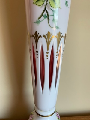 910778 Tall White Over Cranberry Bohemian Handmade Crystalex Painted Floral Vase - ReeceFurniture.com