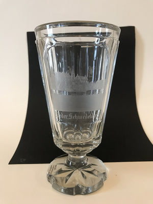 999728 Crystal Glass with Engraved Buildings on front NiederSchwedeldorf, 6 panels, Star cut on bottom, Bohemian Glassware, Unknown German Glass Company, - ReeceFurniture.com - Free Local Pick Ups: Frankenmuth, MI, Indianapolis, IN, Chicago Ridge, IL, and Detroit, MI
