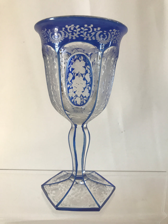 999329 Blue Cased Crystal Goblet W/Cut Flat Sides W/Heavy Floral Engravings